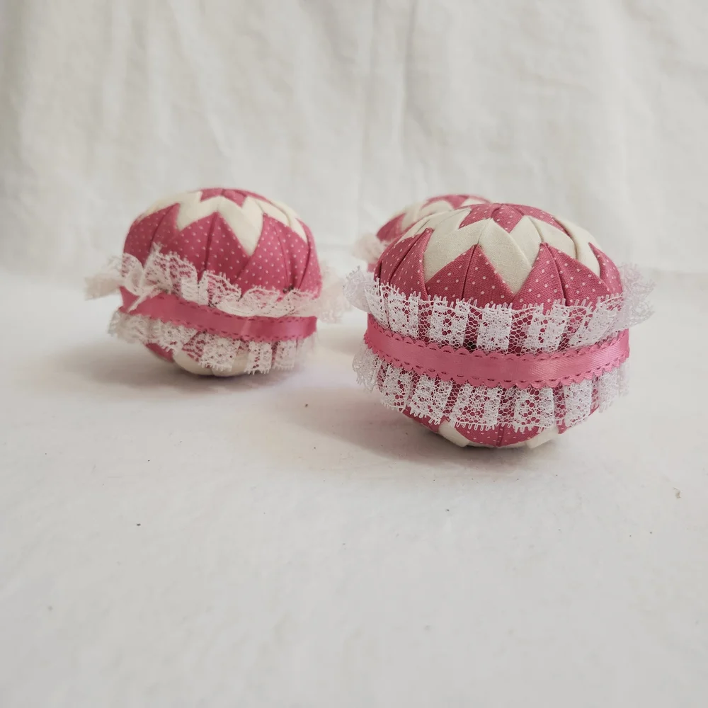 Pink and White Quilted Ball Christmas Ornaments